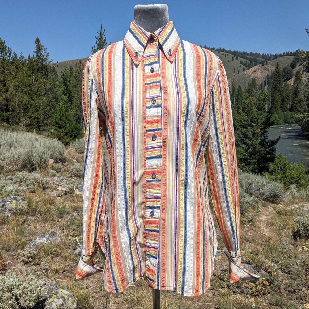 Vintage 70s Dagger Collar Striped Button Up Shirt M Mod Dagger Collar Seersucker
